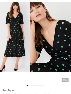 Ann Taylor Black and Green Dotted True Wrap Dress NWT